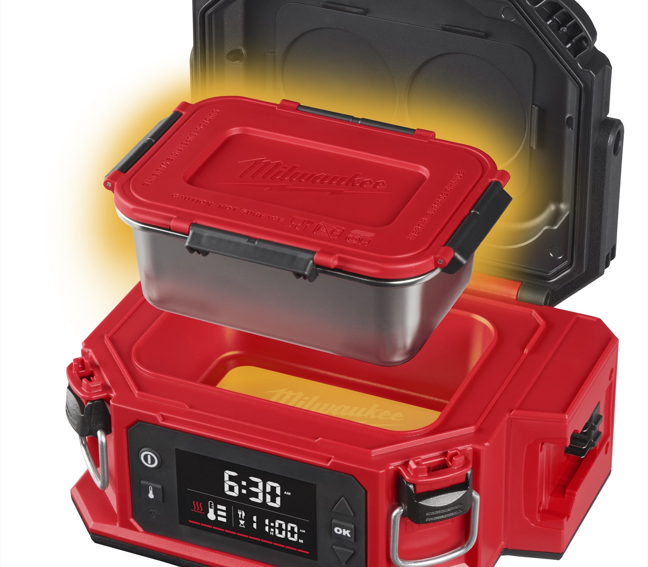 Milwaukee M18 Jobsite Lunch Warmer with stainless steel container and preset timer display