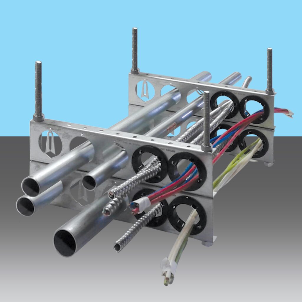 SP Products IP11 Trapeze Bracket supporting conduit and cable on threaded rod