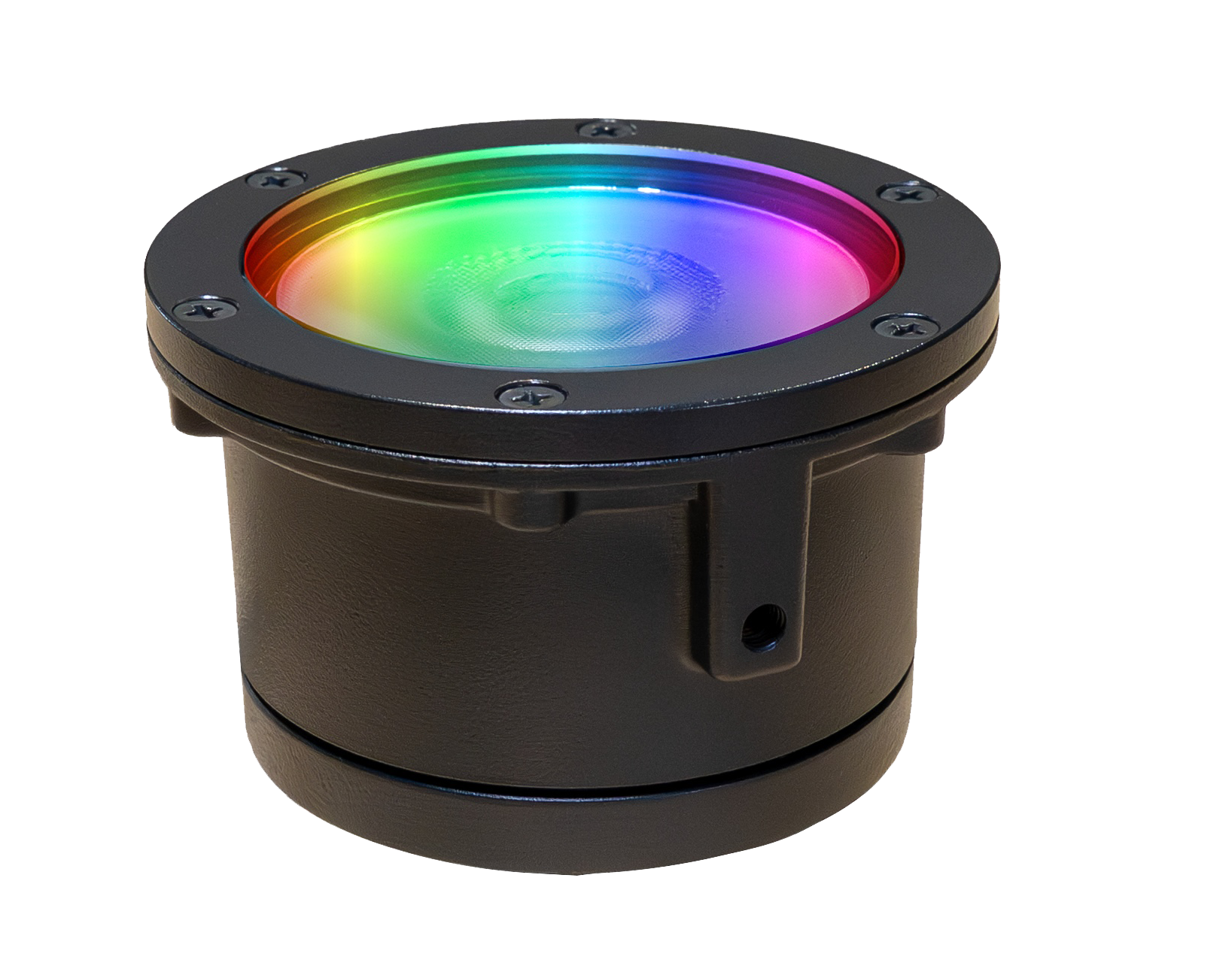 AMP Lighting Smart RGBCW LED Well Light in a black finish, a round in-ground fixture with its lens glowing in a rainbow of colors