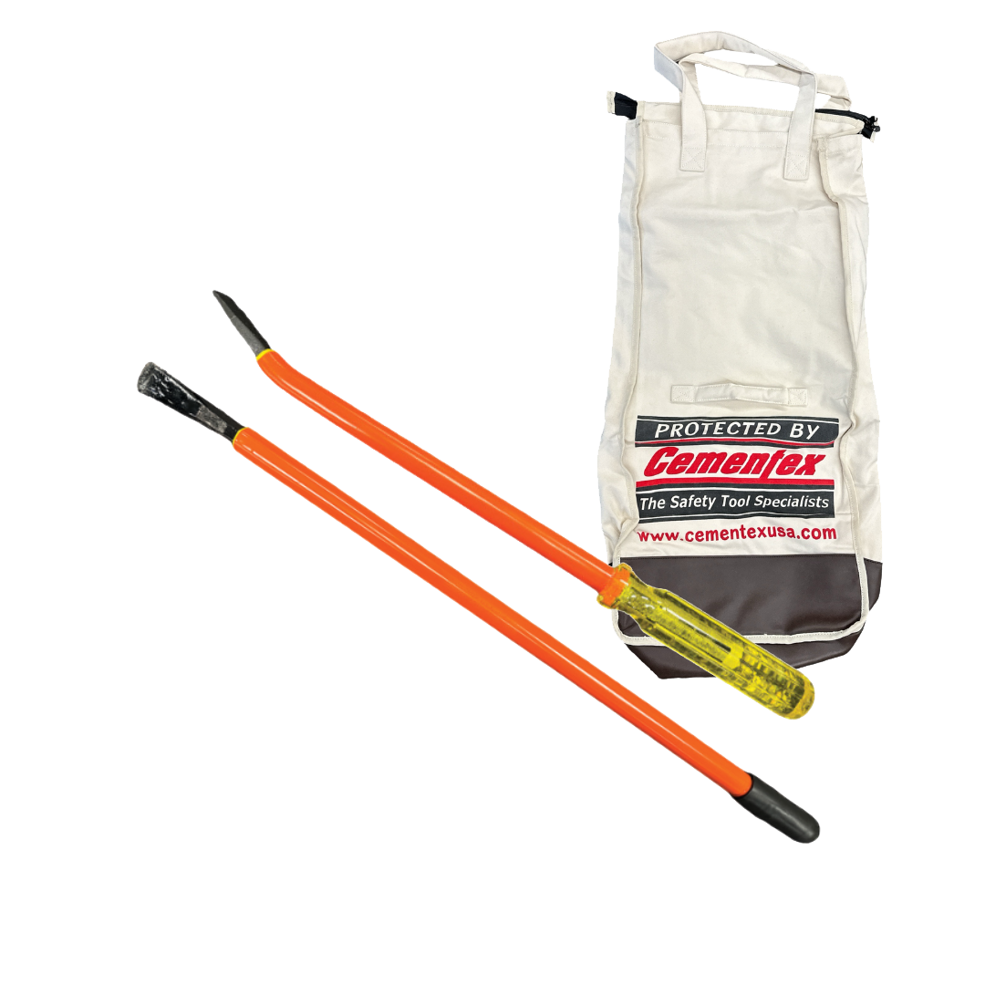 Two Cementex double-insulated pry bars with orange-over-yellow insulation, a 12-inch and a 36-inch, alongside a white Cementex storage bag