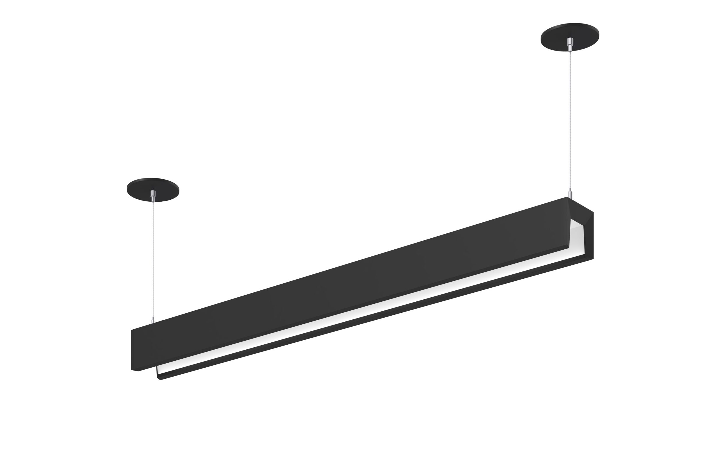 Focal Point Score 2 Suspended linear luminaire in black with inward bevel end caps, hung on two cables and lit from below