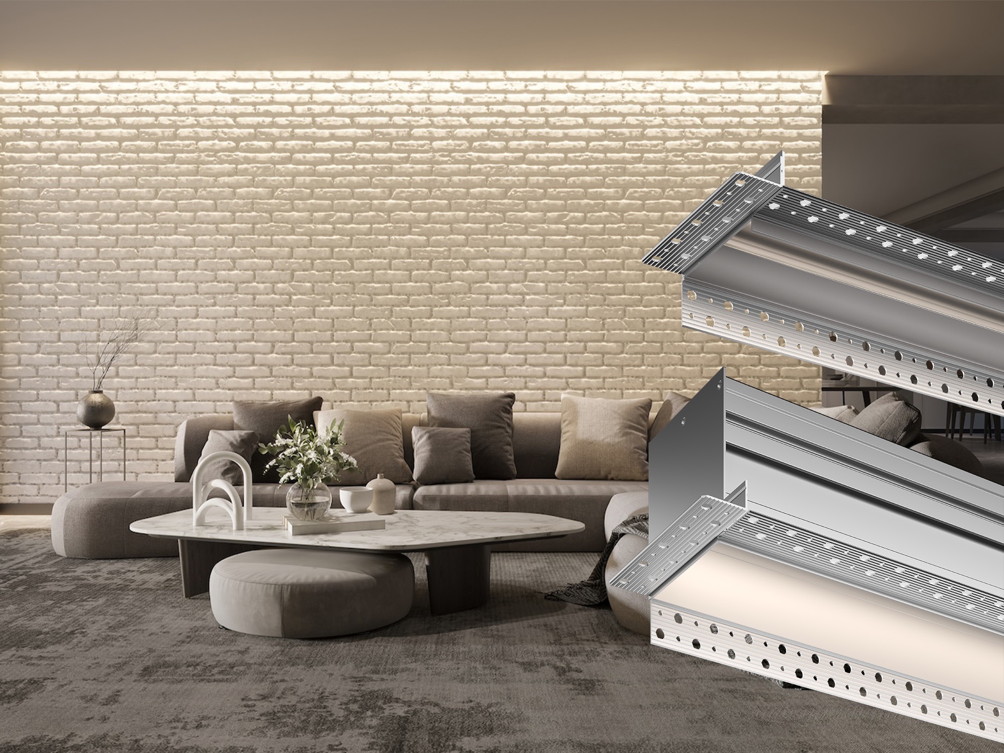 A living room with a grazed brick wall lit from a recessed ceiling slot, with cutaway views of the Optique Rozino Mud-In wall grazer fixtures overlaid at the right
