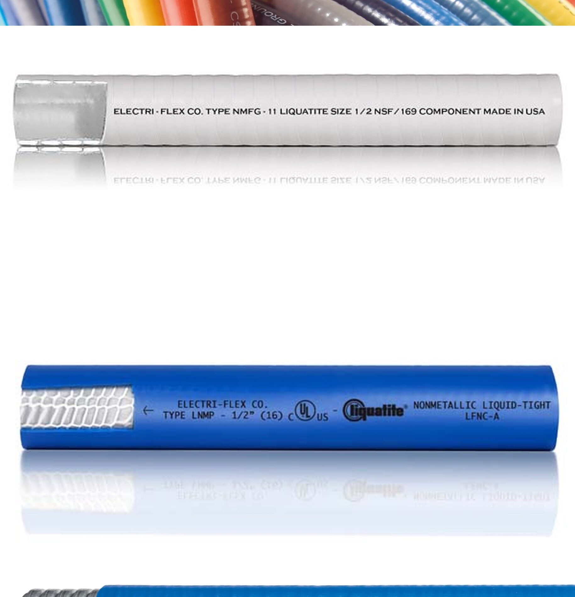 Stack of Electri-Flex Liquatite conduit images: a bundle of colorful flexible conduits above white Type NMFG, blue Type LNMP and blue Type LAFG-SS food grade conduit sections