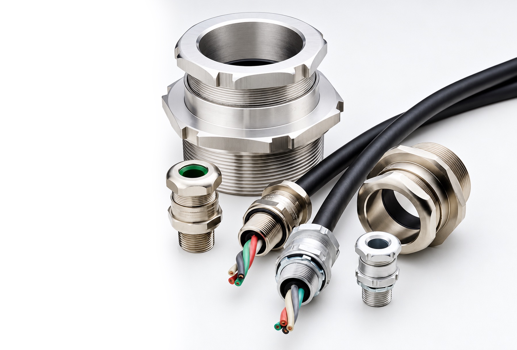 Assortment of Appleton stainless steel and aluminum cable glands, cord grips and conduit fittings, two with black cables and stripped colored conductors, on a white background