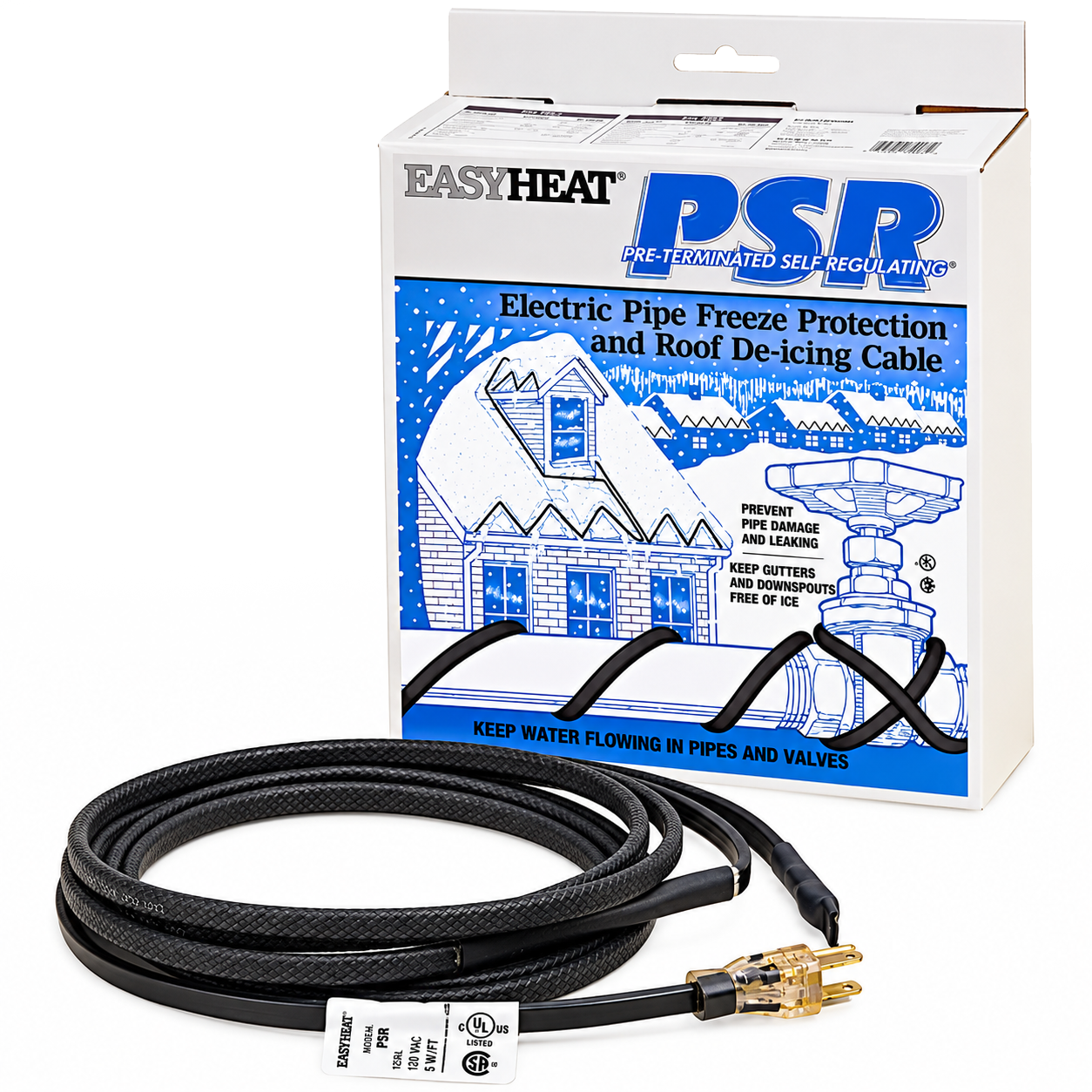EasyHeat PSR electric pipe freeze protection and roof de-icing cable in its retail box, with a coil of black heating cable and plug in front