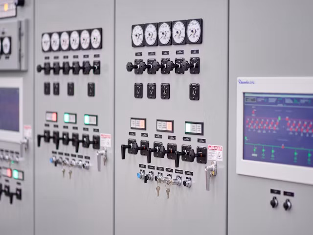 Row of Russelectric paralleling switchgear cabinets with analog meters, indicator lights, control switches and a touchscreen display