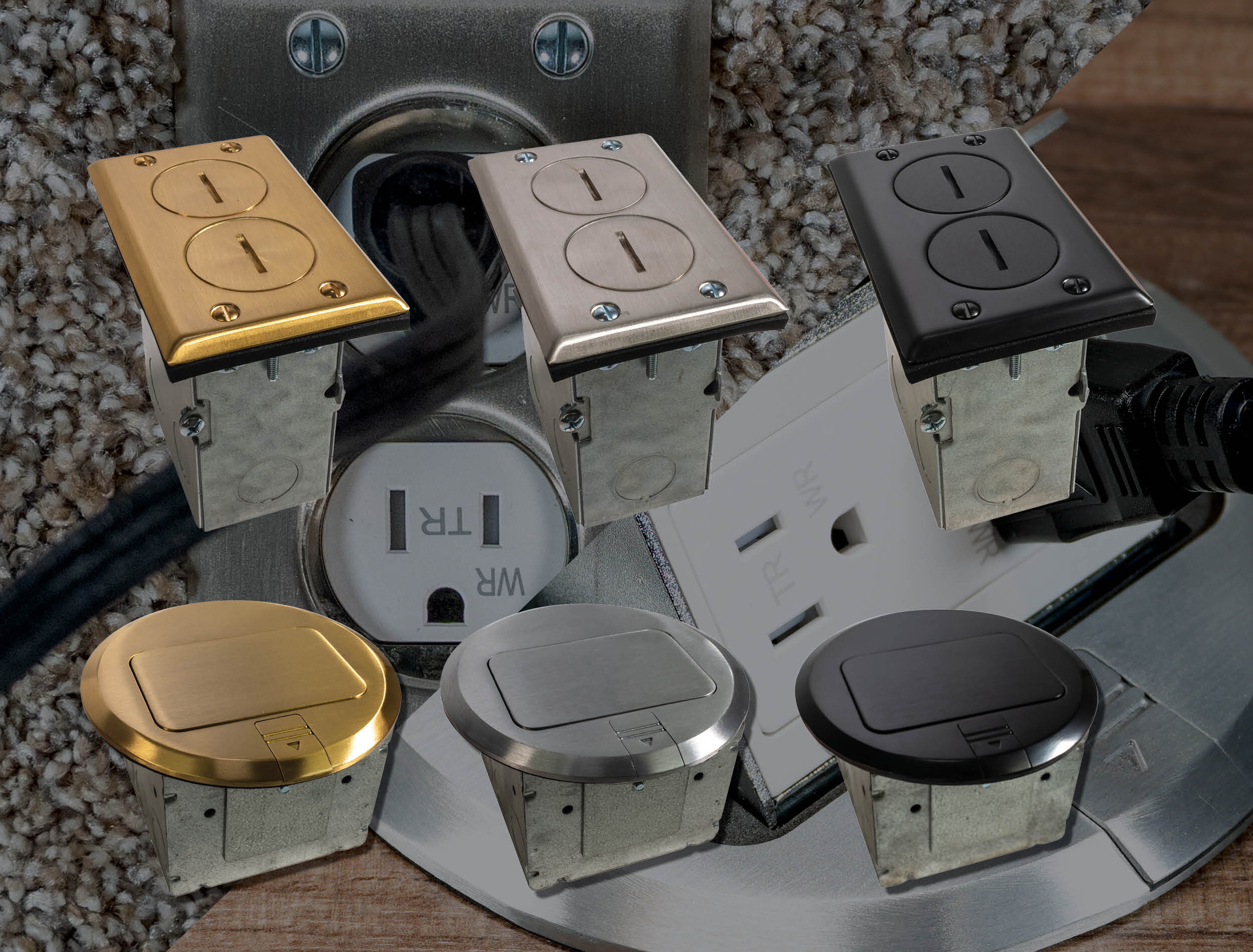 Southwire round and rectangular 15A floor boxes in brass, nickel and black finishes shown installed in carpet and wood flooring, one with its cover open to show the receptacle